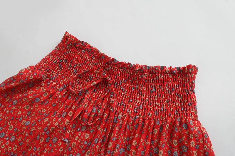Vintage Chic Fashion Women Red Floral Print Beach Bohemian Pleated Skirt Rayon Cotton High-waisted Boho Maxi Skirts Femme