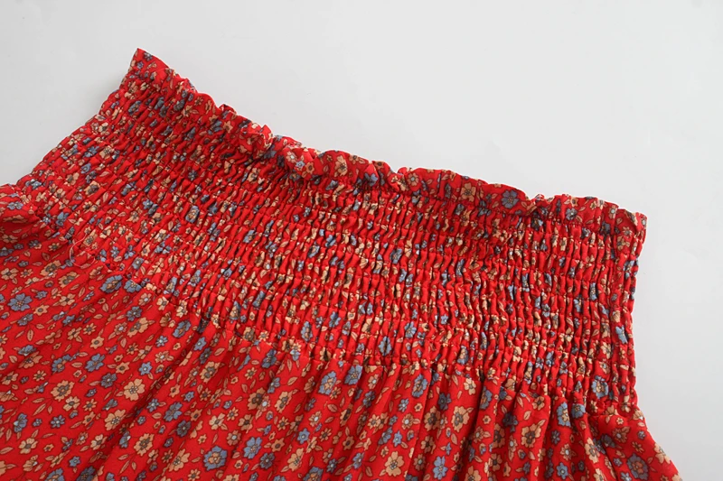 Vintage Chic Fashion Women Red Floral Print Beach Bohemian Pleated Skirt Rayon Cotton High-waisted Boho Maxi Skirts Femme