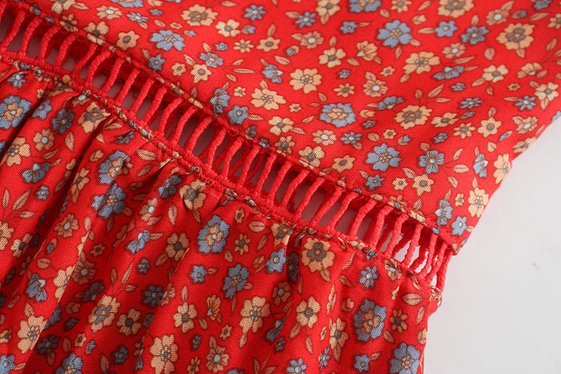 Vintage Chic Fashion Women Red Floral Print Beach Bohemian Pleated Skirt Rayon Cotton High-waisted Boho Maxi Skirts Femme