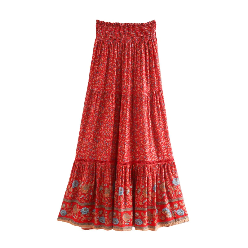 Vintage Chic Fashion Women Red Floral Print Beach Bohemian Pleated Skirt Rayon Cotton High-waisted Boho Maxi Skirts Femme