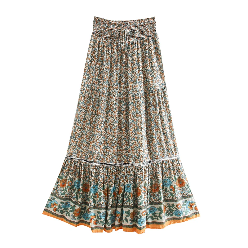 Vintage Chic Fashion Women Red Floral Print Beach Bohemian Pleated Skirt Rayon Cotton High-waisted Boho Maxi Skirts Femme