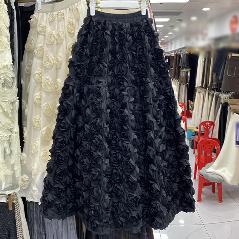 3D Floral White Skirt Women A-line Elastic High Waist Female Skirt Faldas Ajustadas French Chic Elegant Long Skirts Dropshipping