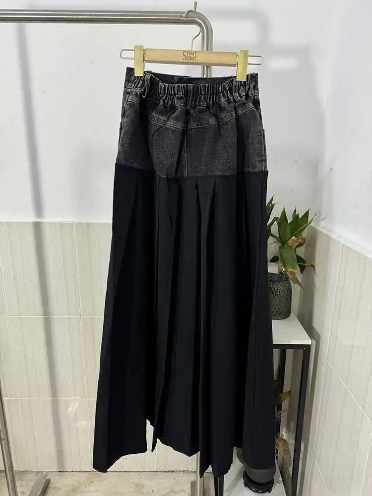 SHENGPALAE Denim Patchwork Pleated Skirt For Women Autumn Fashion Versatile Chic A-line Floor Length Skirts 2026 New Tide 5R7680