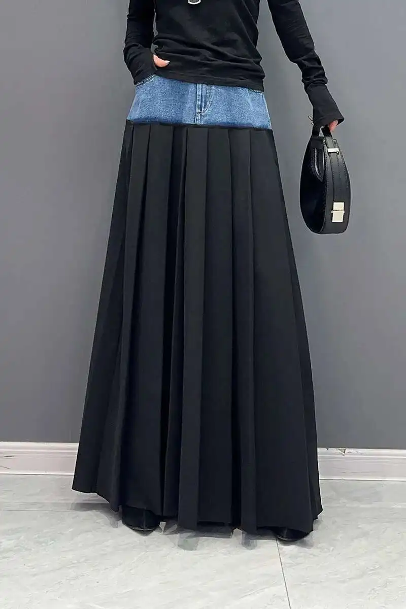 SHENGPALAE Denim Patchwork Pleated Skirt For Women Autumn Fashion Versatile Chic A-line Floor Length Skirts 2026 New Tide 5R7680