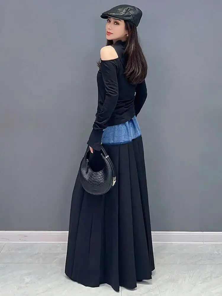 SHENGPALAE Denim Patchwork Pleated Skirt For Women Autumn Fashion Versatile Chic A-line Floor Length Skirts 2026 New Tide 5R7680