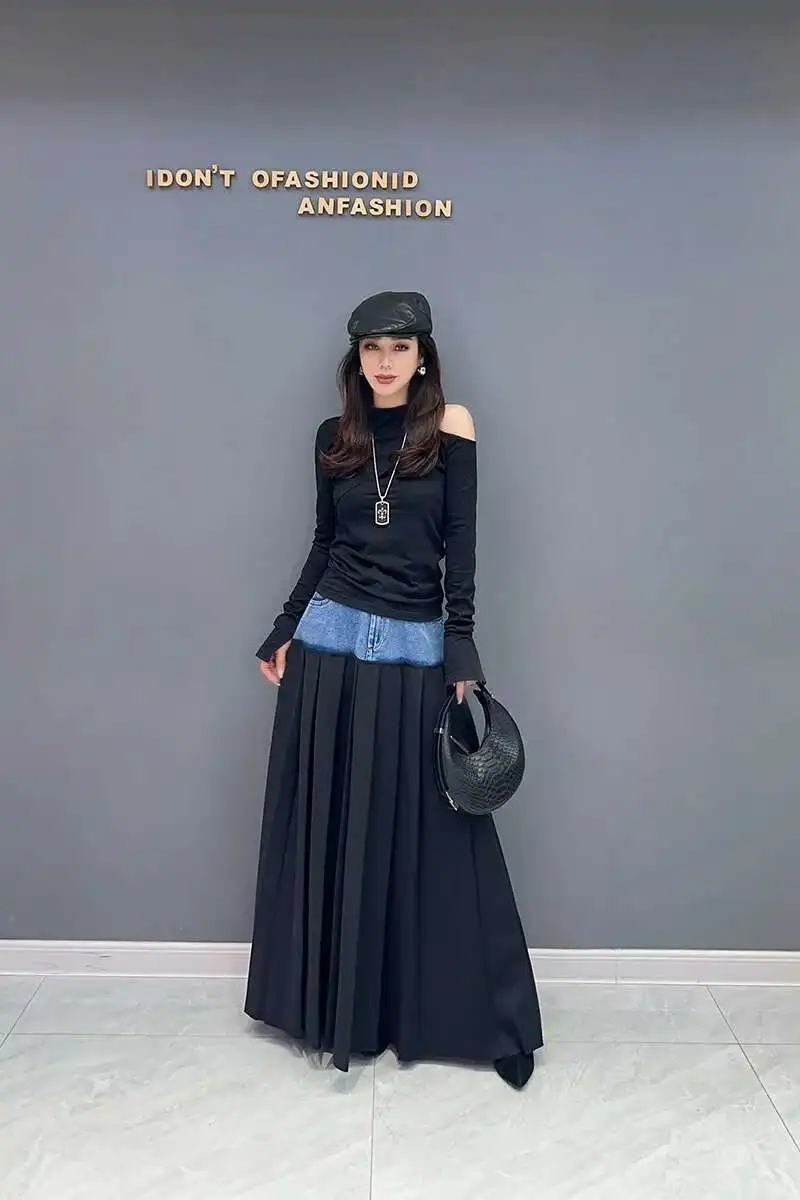 SHENGPALAE Denim Patchwork Pleated Skirt For Women Autumn Fashion Versatile Chic A-line Floor Length Skirts 2026 New Tide 5R7680