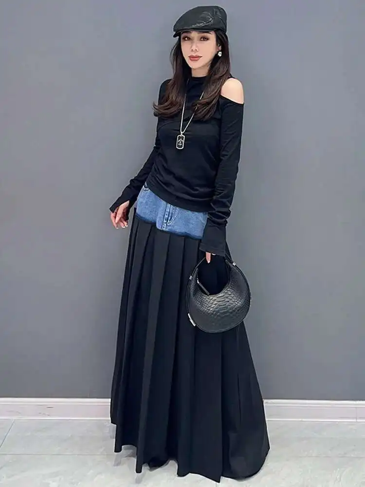 SHENGPALAE Denim Patchwork Pleated Skirt For Women Autumn Fashion Versatile Chic A-line Floor Length Skirts 2026 New Tide 5R7680