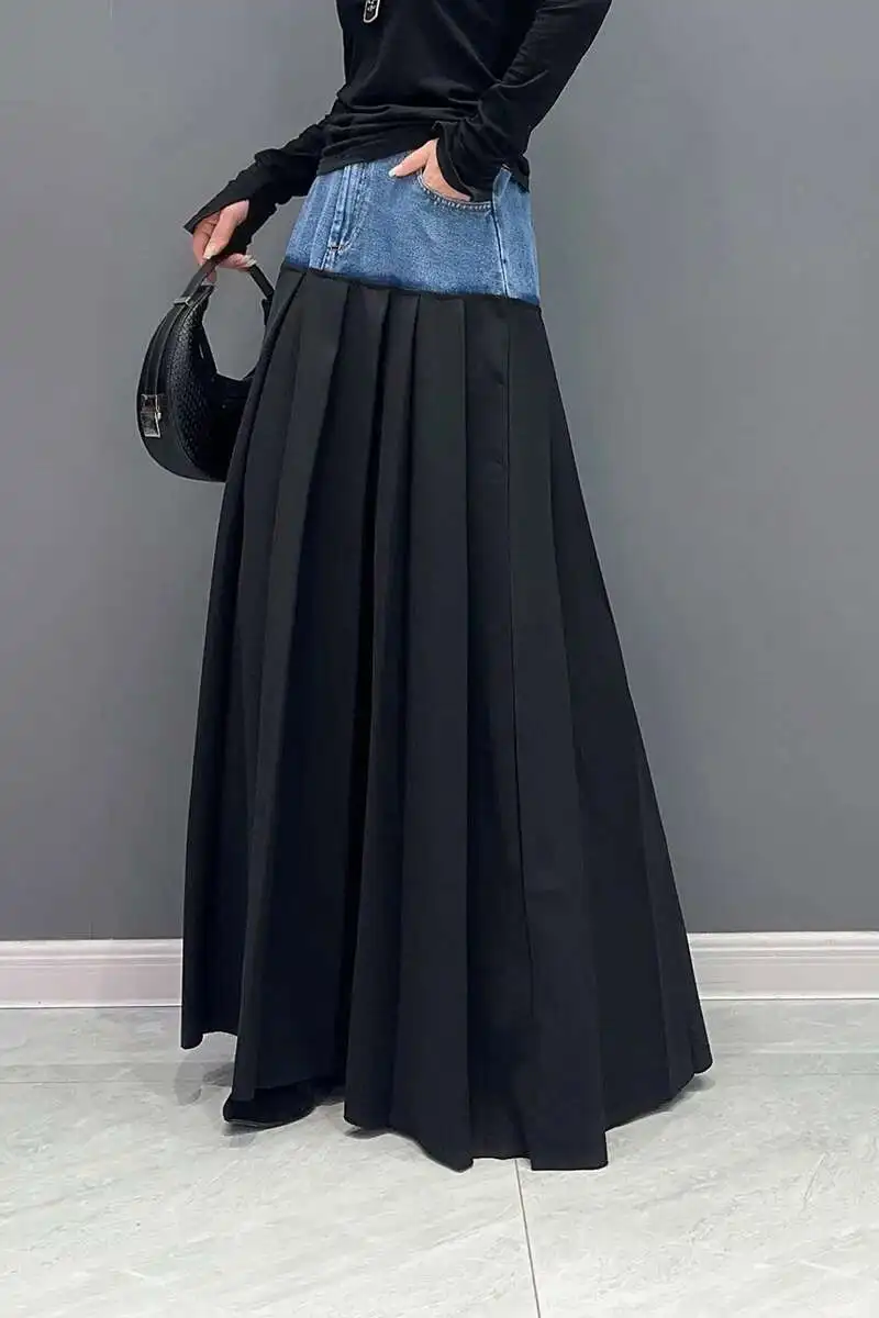 SHENGPALAE Denim Patchwork Pleated Skirt For Women Autumn Fashion Versatile Chic A-line Floor Length Skirts 2026 New Tide 5R7680