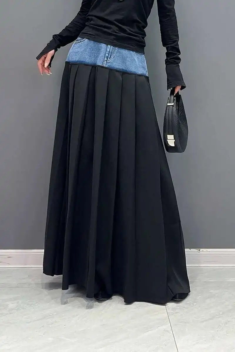 SHENGPALAE Denim Patchwork Pleated Skirt For Women Autumn Fashion Versatile Chic A-line Floor Length Skirts 2026 New Tide 5R7680