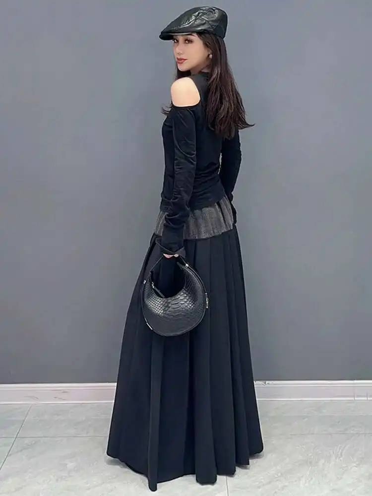 SHENGPALAE Denim Patchwork Pleated Skirt For Women Autumn Fashion Versatile Chic A-line Floor Length Skirts 2026 New Tide 5R7680