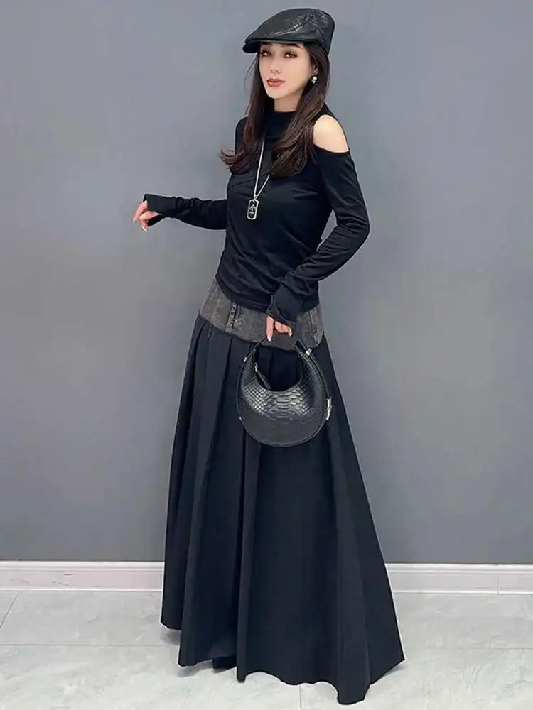 SHENGPALAE Denim Patchwork Pleated Skirt For Women Autumn Fashion Versatile Chic A-line Floor Length Skirts 2026 New Tide 5R7680
