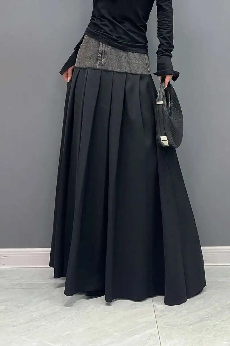 SHENGPALAE Denim Patchwork Pleated Skirt For Women Autumn Fashion Versatile Chic A-line Floor Length Skirts 2026 New Tide 5R7680