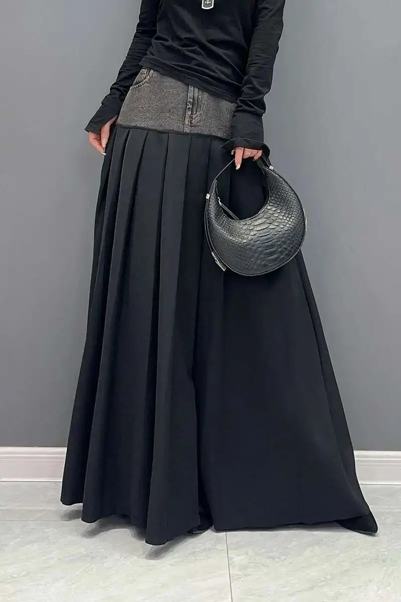 SHENGPALAE Denim Patchwork Pleated Skirt For Women Autumn Fashion Versatile Chic A-line Floor Length Skirts 2026 New Tide 5R7680