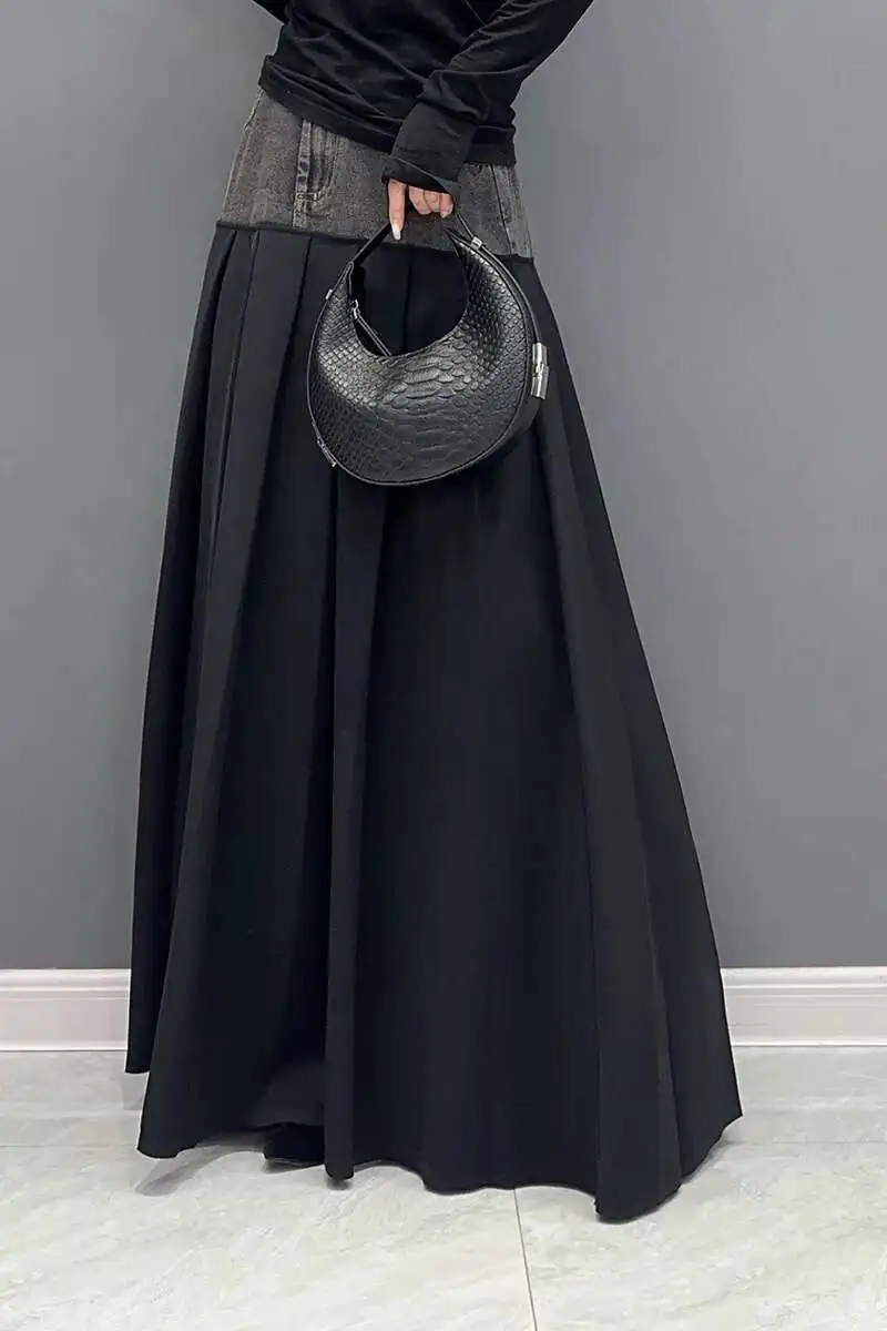 SHENGPALAE Denim Patchwork Pleated Skirt For Women Autumn Fashion Versatile Chic A-line Floor Length Skirts 2026 New Tide 5R7680