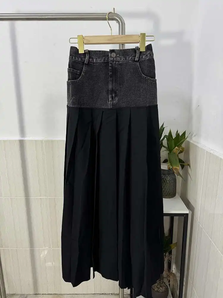 SHENGPALAE Denim Patchwork Pleated Skirt For Women Autumn Fashion Versatile Chic A-line Floor Length Skirts 2026 New Tide 5R7680