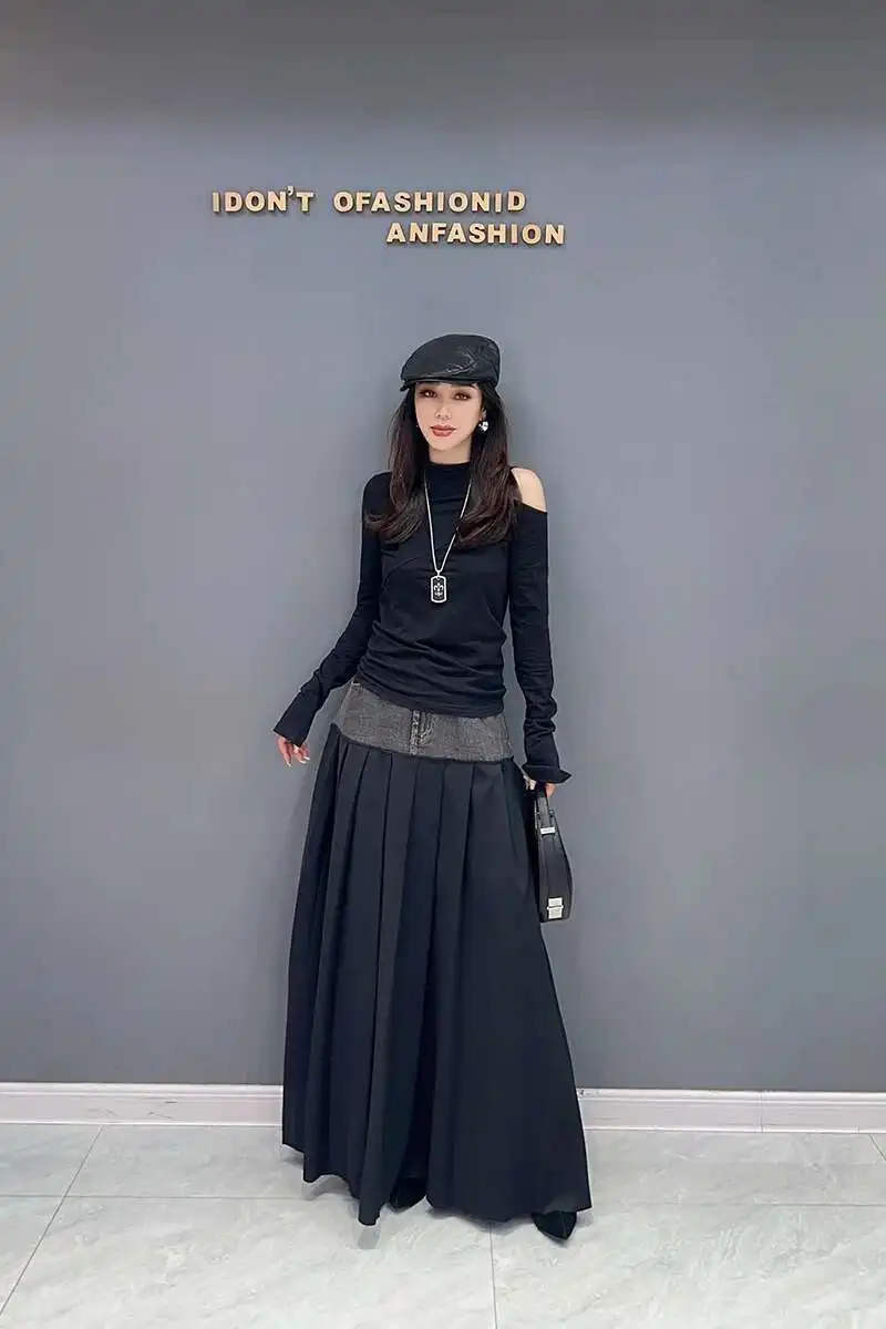 SHENGPALAE Denim Patchwork Pleated Skirt For Women Autumn Fashion Versatile Chic A-line Floor Length Skirts 2026 New Tide 5R7680