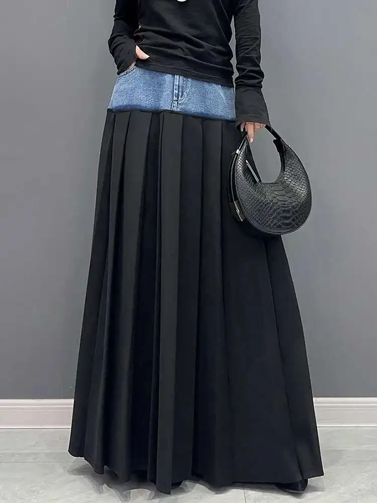 SHENGPALAE Denim Patchwork Pleated Skirt For Women Autumn Fashion Versatile Chic A-line Floor Length Skirts 2026 New Tide 5R7680