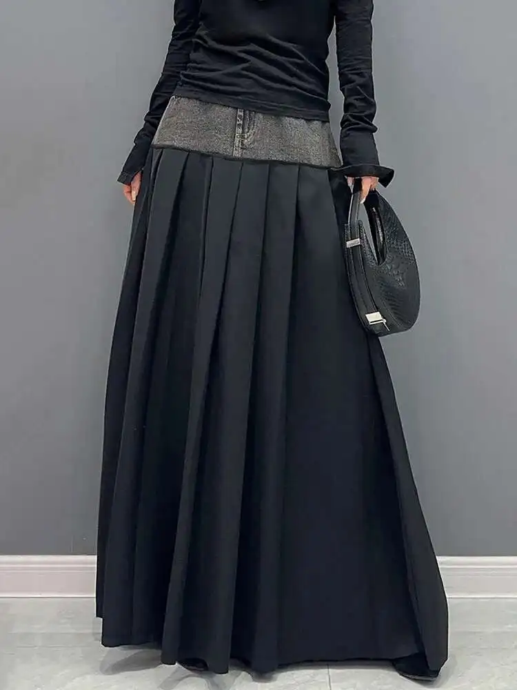 SHENGPALAE Denim Patchwork Pleated Skirt For Women Autumn Fashion Versatile Chic A-line Floor Length Skirts 2026 New Tide 5R7680