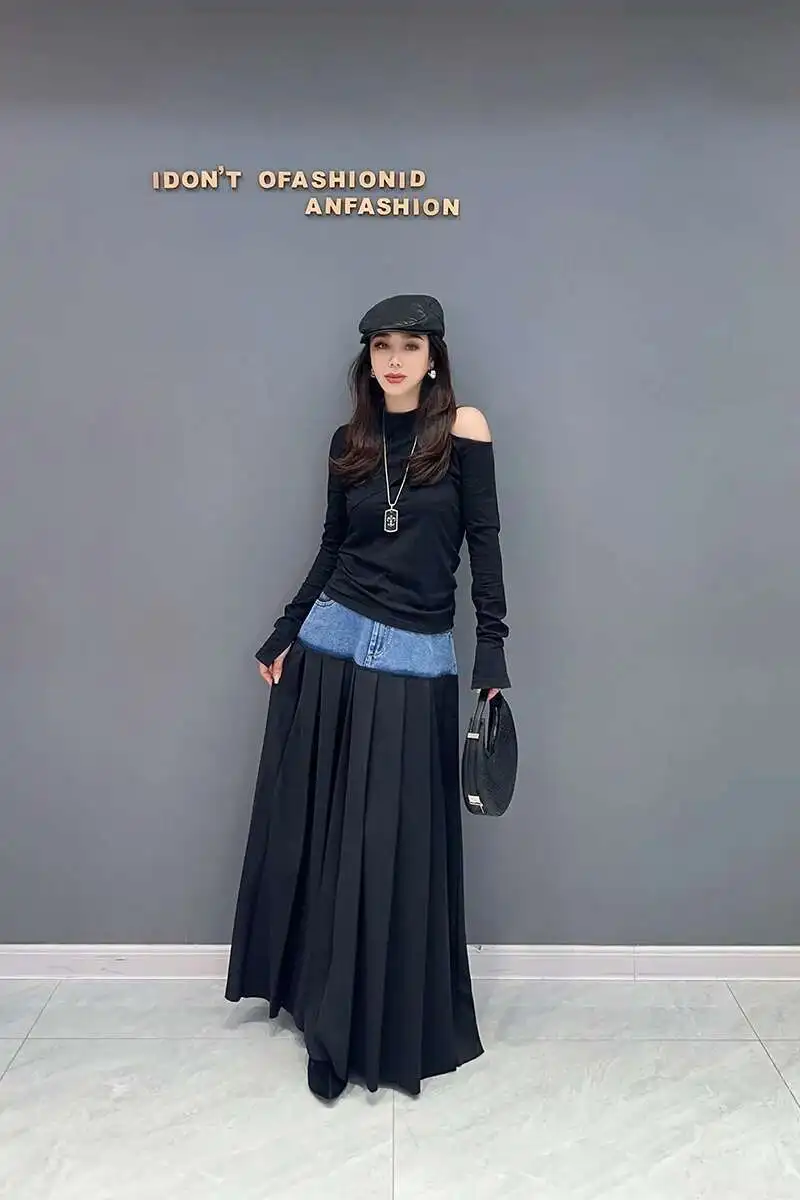 SHENGPALAE Denim Patchwork Pleated Skirt For Women Autumn Fashion Versatile Chic A-line Floor Length Skirts 2026 New Tide 5R7680