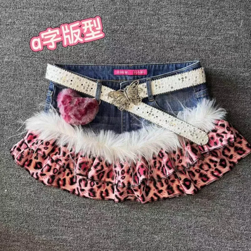 Hot Girl Goth Retro Slim Darkly Skirts Female Aesthetic Sexy A-line Outfits Vintage Y2k Patchwork Cowboy Short Mini Skirt Women