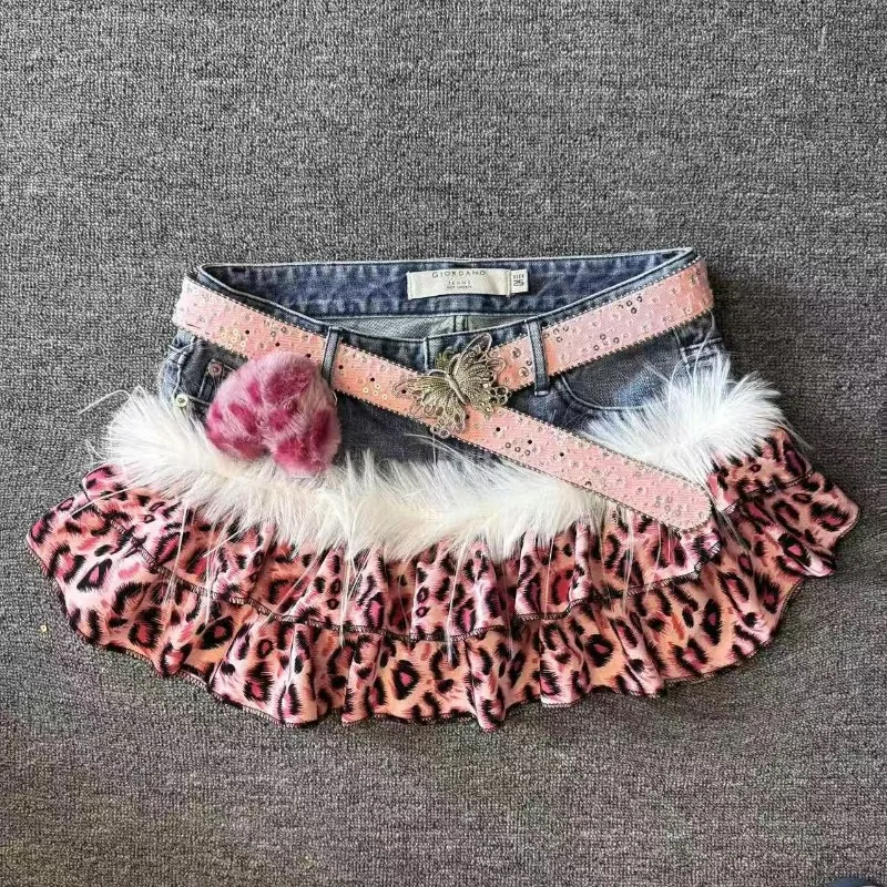 Hot Girl Goth Retro Slim Darkly Skirts Female Aesthetic Sexy A-line Outfits Vintage Y2k Patchwork Cowboy Short Mini Skirt Women