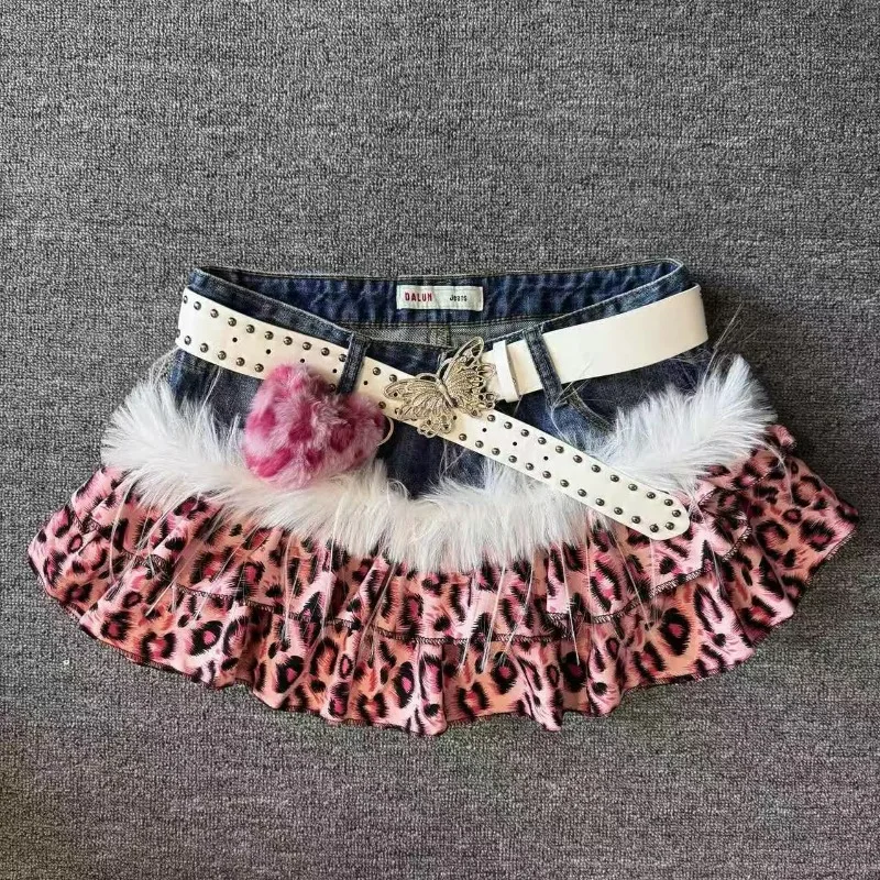 Hot Girl Goth Retro Slim Darkly Skirts Female Aesthetic Sexy A-line Outfits Vintage Y2k Patchwork Cowboy Short Mini Skirt Women