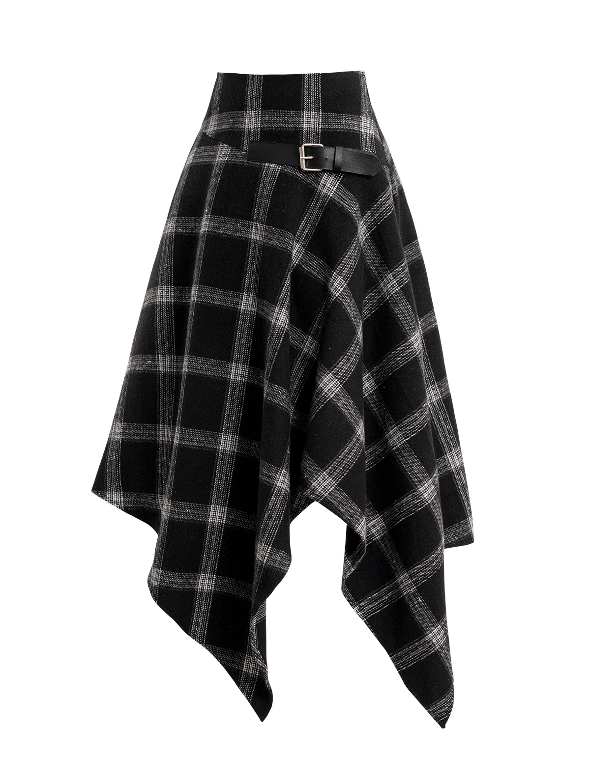 Dressfo Womens Asymmetic Hem Plaid Skirt Buckle Strap Detail Casual Midi A Line Dress Black Skirts 2024 New