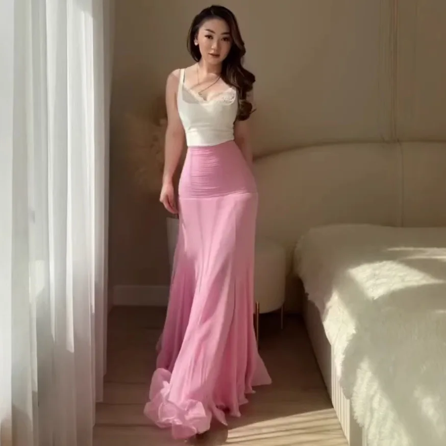 Mermaid Skirts Women Long Skirt Ruffles Hem High Waist Stretch Folds Floor Length A Line Female Spring Summer 2026 Streetwear