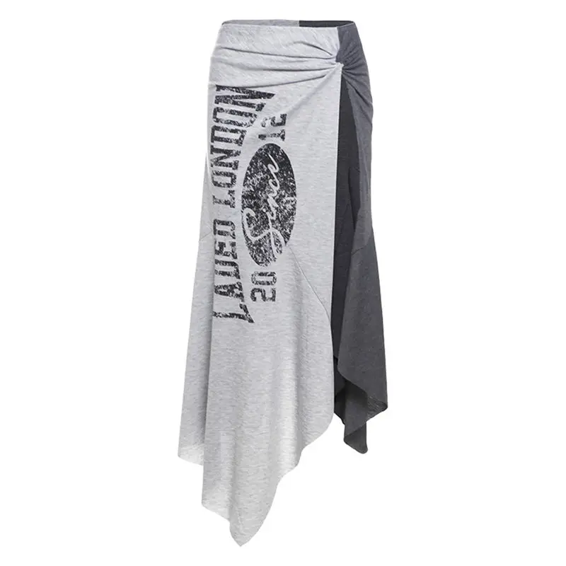 American Harajuku Punk Spliced Constrast Color Long Skirt Y2k Aesthetic Sexy Side High Split Jupe Letter Print Vintage Skirts