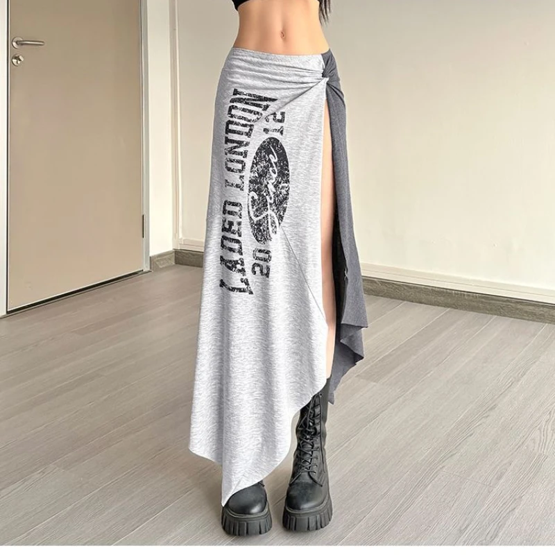 American Harajuku Punk Spliced Constrast Color Long Skirt Y2k Aesthetic Sexy Side High Split Jupe Letter Print Vintage Skirts