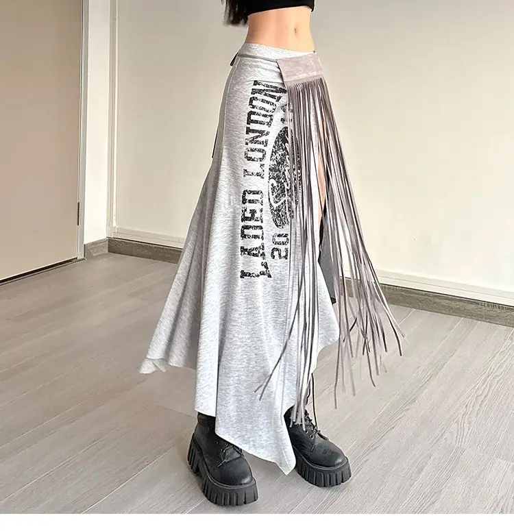 American Harajuku Punk Spliced Constrast Color Long Skirt Y2k Aesthetic Sexy Side High Split Jupe Letter Print Vintage Skirts