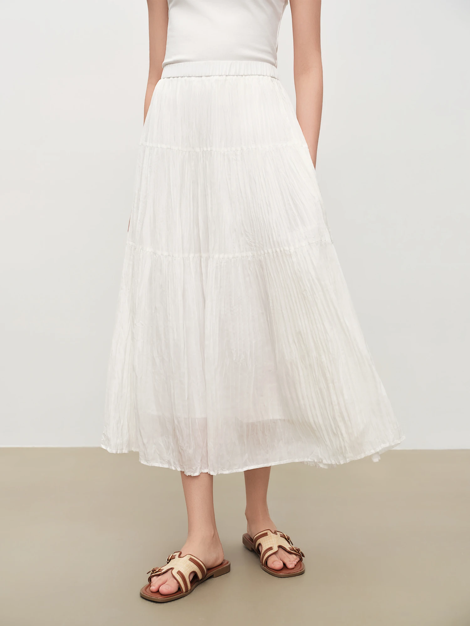 ZIQIAO 2026 Summer Women's Pleated Textured White Layered Midi Skirt, A-Line Flowy Maxi Skirt for Cloudy Fluffy Aesthetic Style