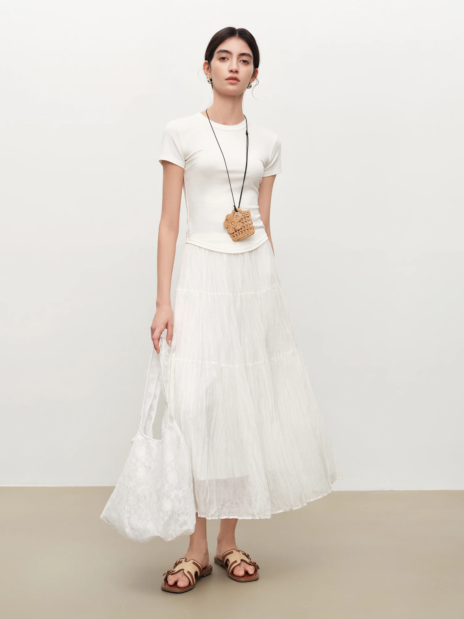 ZIQIAO 2026 Summer Women's Pleated Textured White Layered Midi Skirt, A-Line Flowy Maxi Skirt for Cloudy Fluffy Aesthetic Style