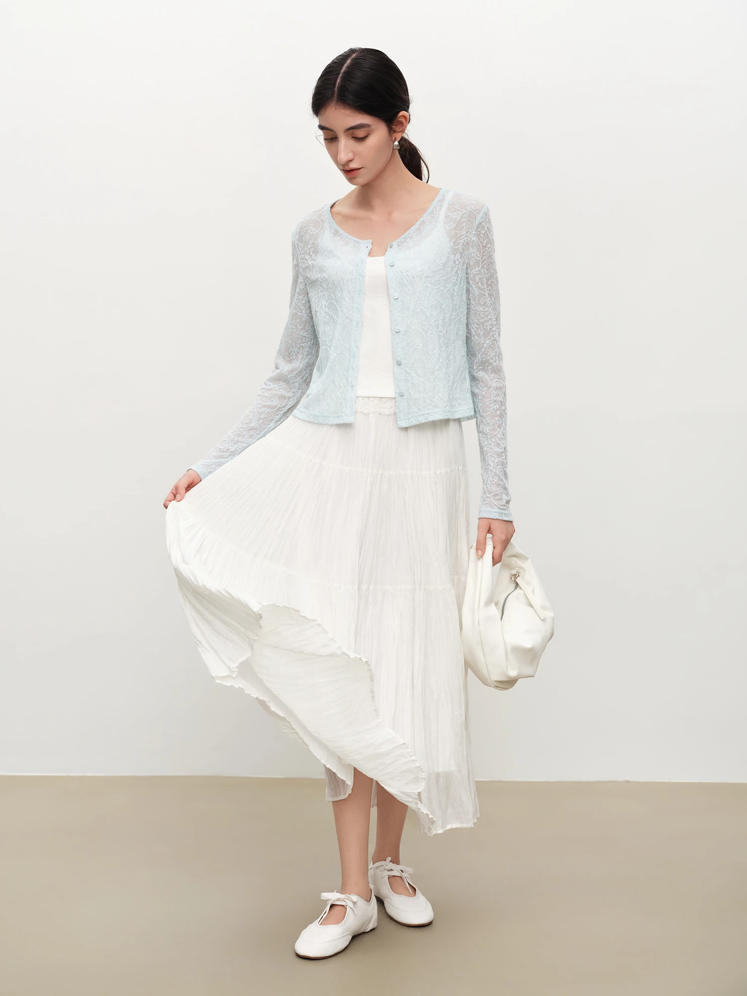 ZIQIAO 2026 Summer Women's Pleated Textured White Layered Midi Skirt, A-Line Flowy Maxi Skirt for Cloudy Fluffy Aesthetic Style