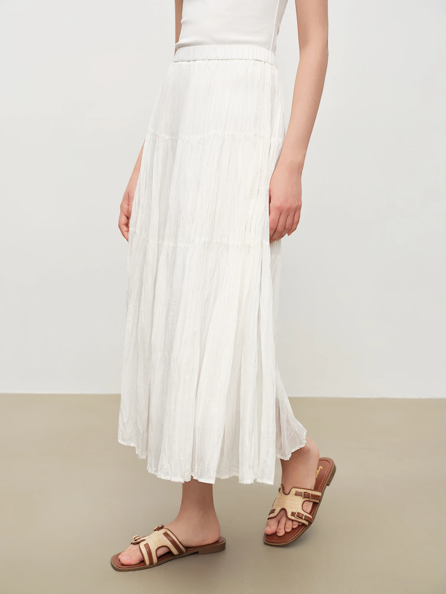 ZIQIAO 2026 Summer Women's Pleated Textured White Layered Midi Skirt, A-Line Flowy Maxi Skirt for Cloudy Fluffy Aesthetic Style