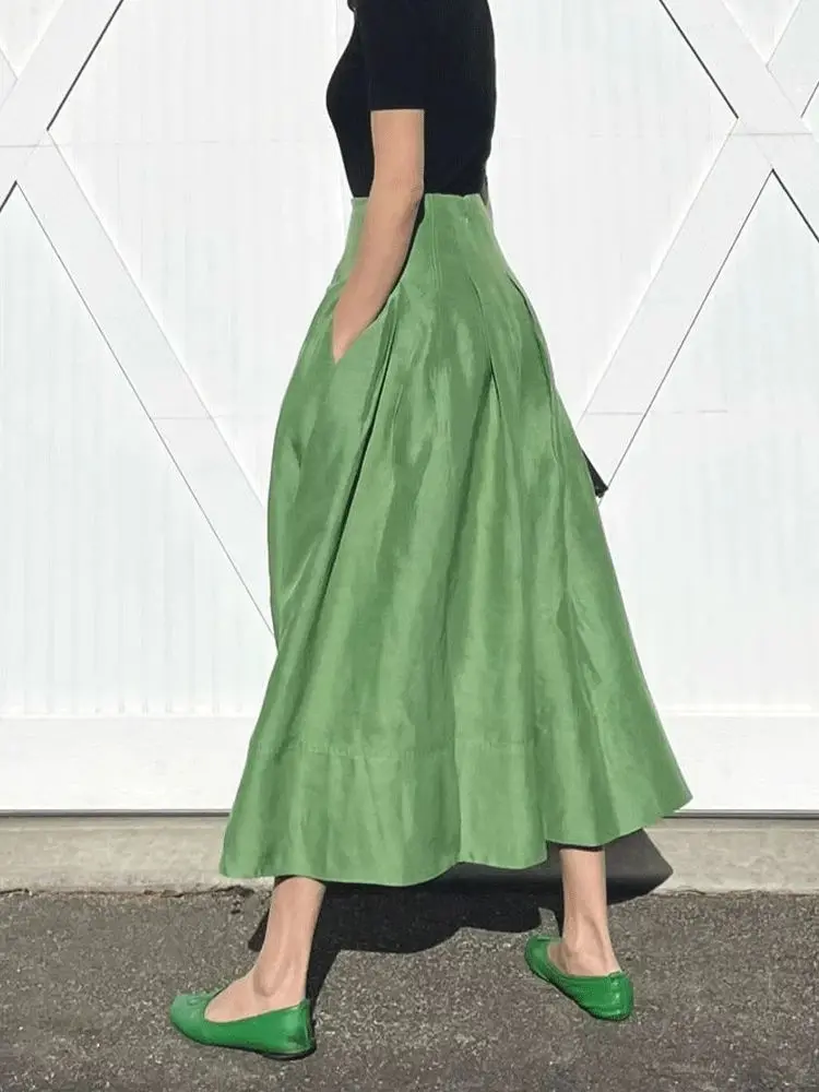 Faldas Mujer Moda Retro Temperament Green High Waist Slim Big Umbrella Skirts Pocket Women Pleated Long Casual