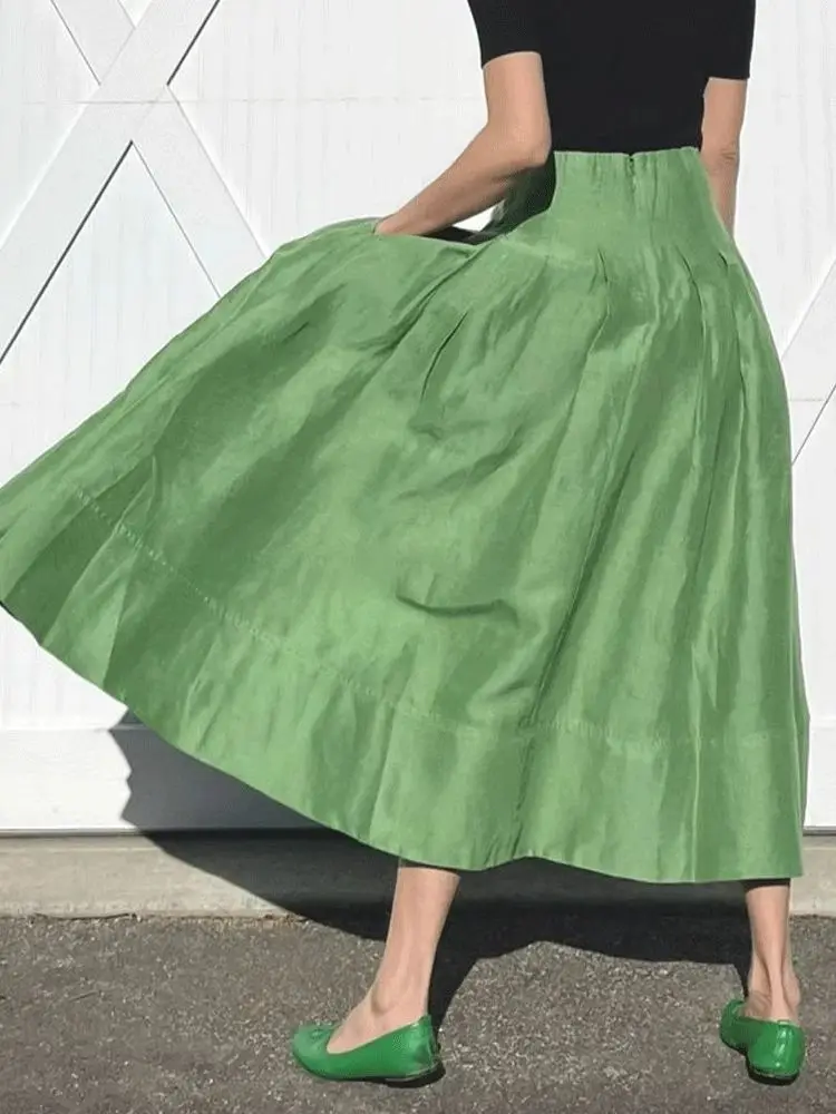 Faldas Mujer Moda Retro Temperament Green High Waist Slim Big Umbrella Skirts Pocket Women Pleated Long Casual