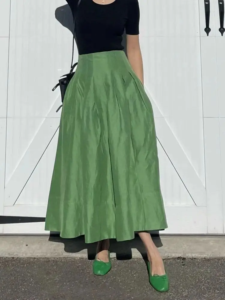 Faldas Mujer Moda Retro Temperament Green High Waist Slim Big Umbrella Skirts Pocket Women Pleated Long Casual
