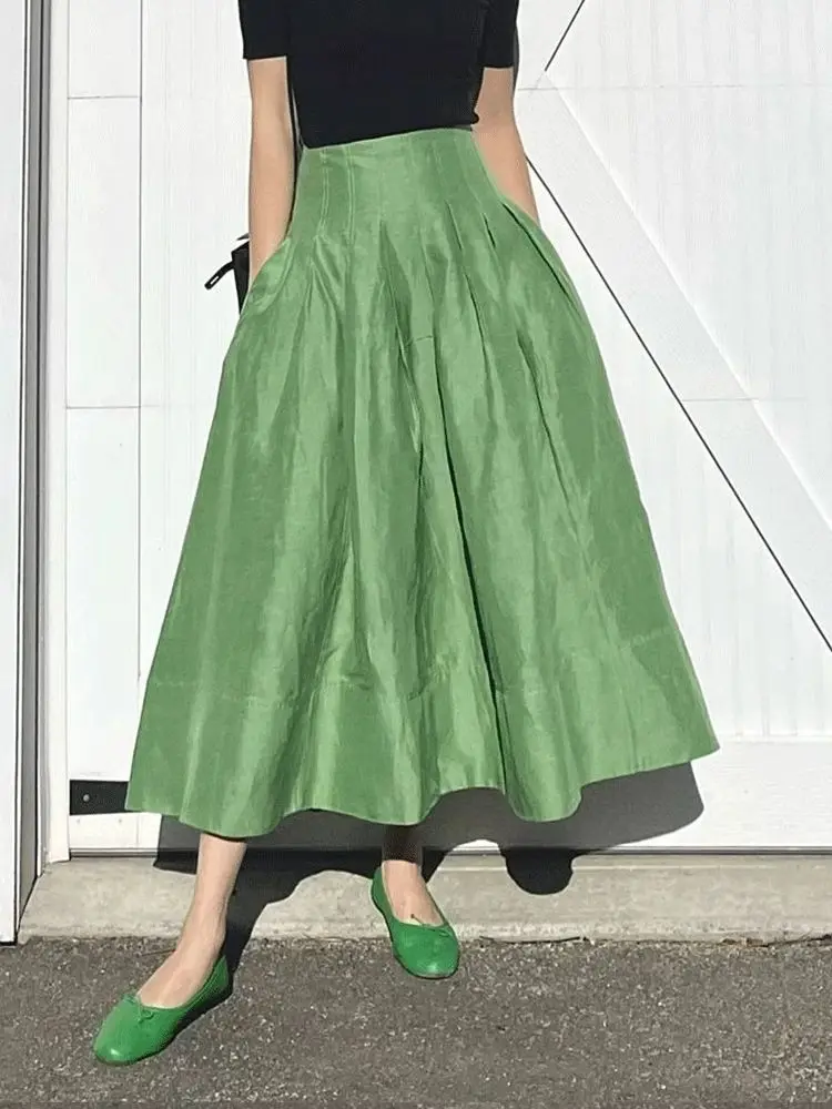 Faldas Mujer Moda Retro Temperament Green High Waist Slim Big Umbrella Skirts Pocket Women Pleated Long Casual