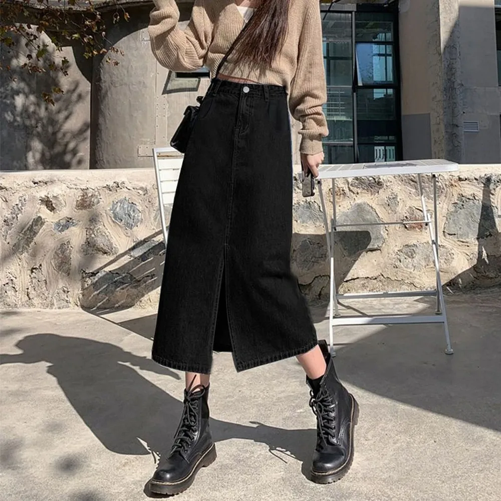 Summer Women High-waist Retro A-Line Skirt Pockets Front Slit Washed Blue Denim Skirts Hip-covering Straight Long Jeans Skirt