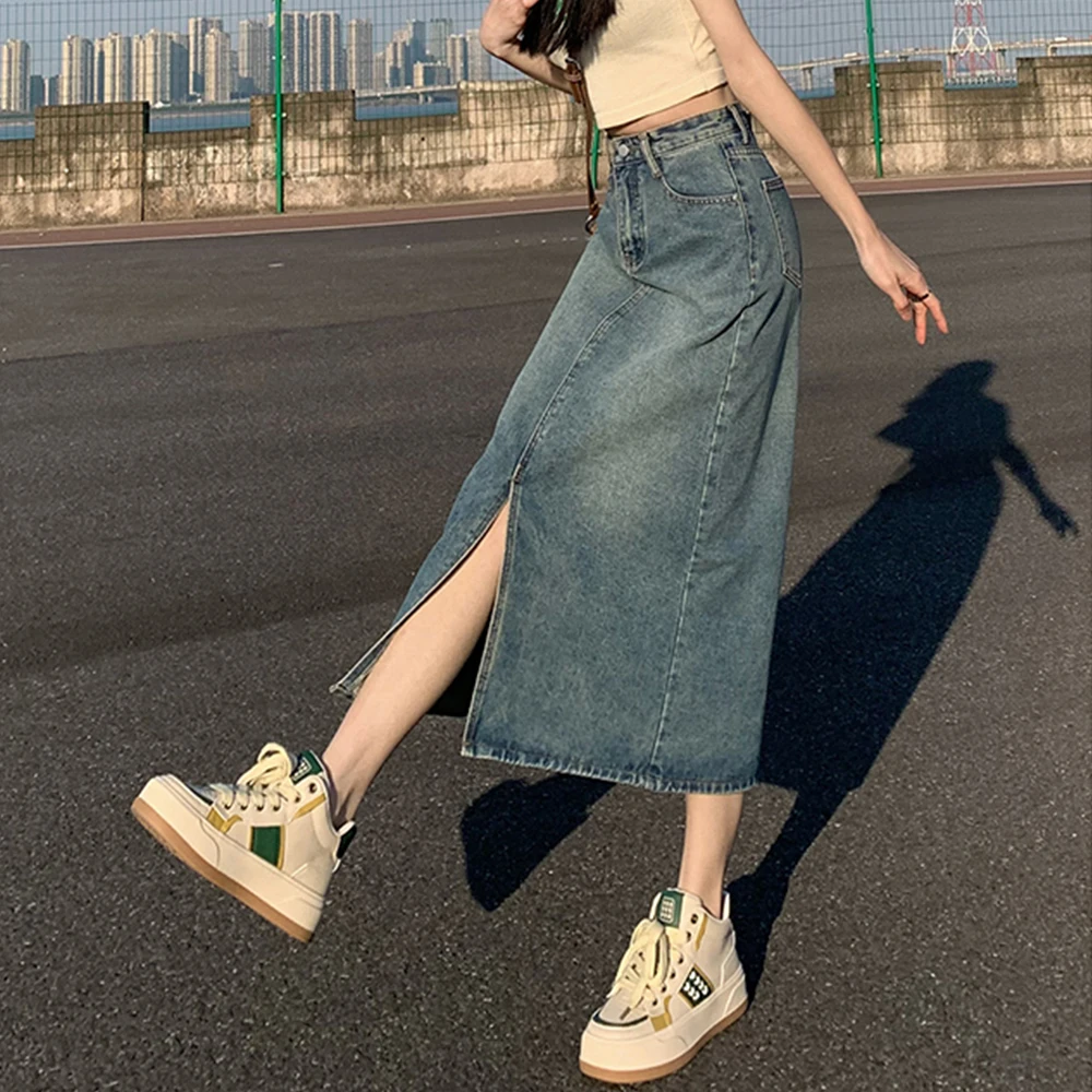Summer Women High-waist Retro A-Line Skirt Pockets Front Slit Washed Blue Denim Skirts Hip-covering Straight Long Jeans Skirt