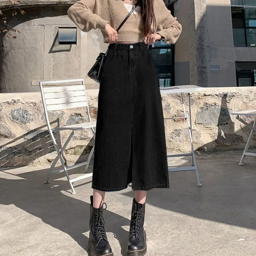 Summer Women High-waist Retro A-Line Skirt Pockets Front Slit Washed Blue Denim Skirts Hip-covering Straight Long Jeans Skirt