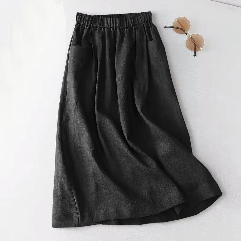 ZANZEA Women Cotton Skirt Holiday Elastic Waist Midi Skirt 2024 Summer Side Pockets Falda Saias Casual Korean Solid A Line Jupe