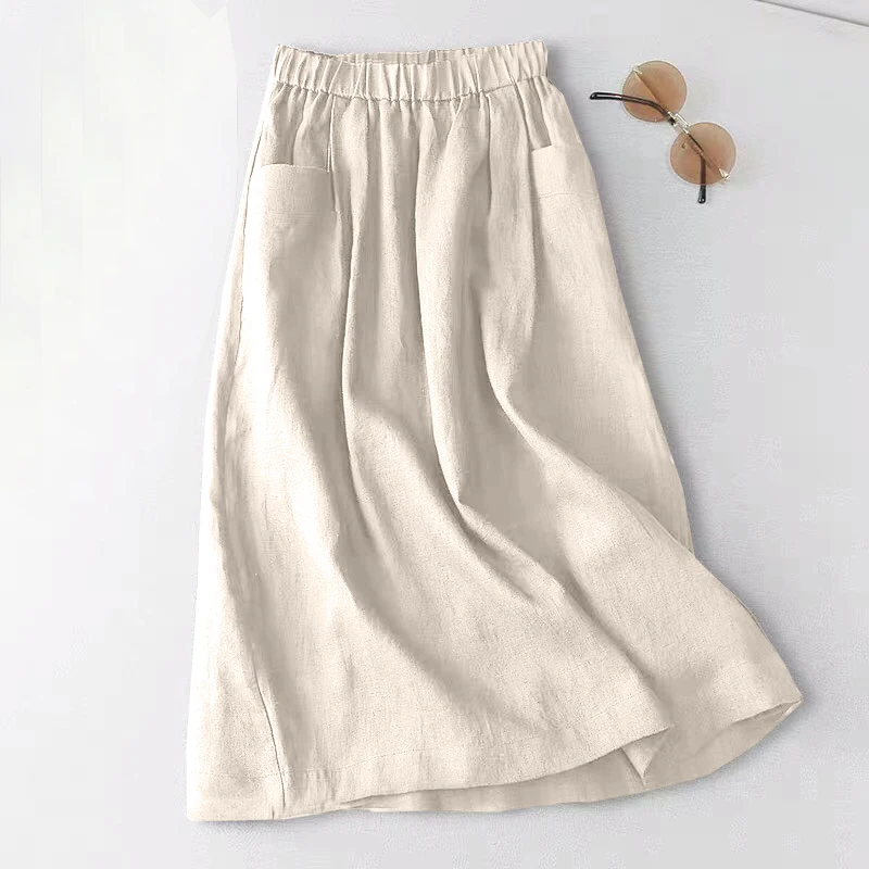 ZANZEA Women Cotton Skirt Holiday Elastic Waist Midi Skirt 2024 Summer Side Pockets Falda Saias Casual Korean Solid A Line Jupe