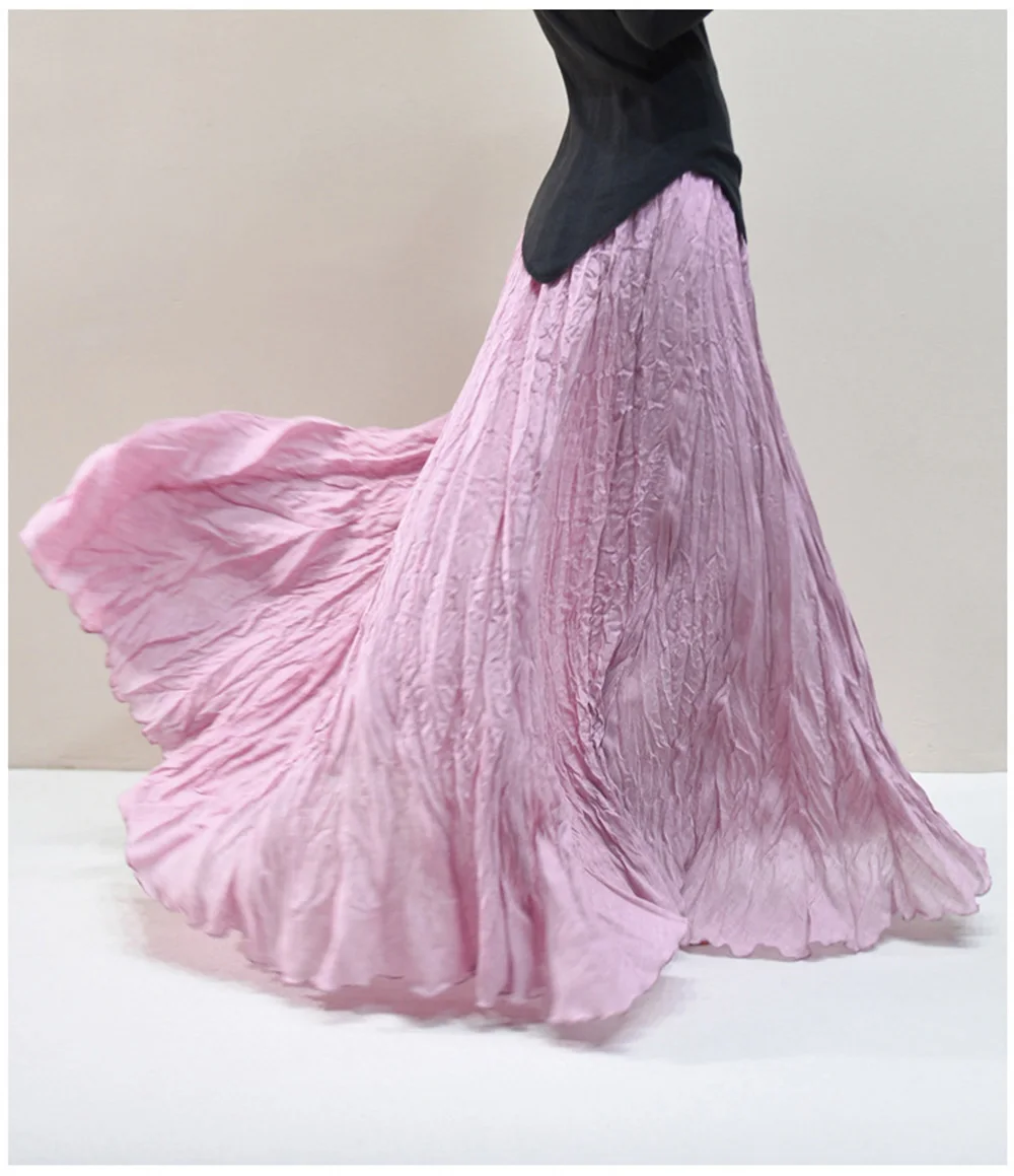 Womens High Waisted Flowy Maxi Skirt Crinkled Cotton Linen A-Line Pleated Beach Long Skirt Bohemian Style for Spring Summer K444