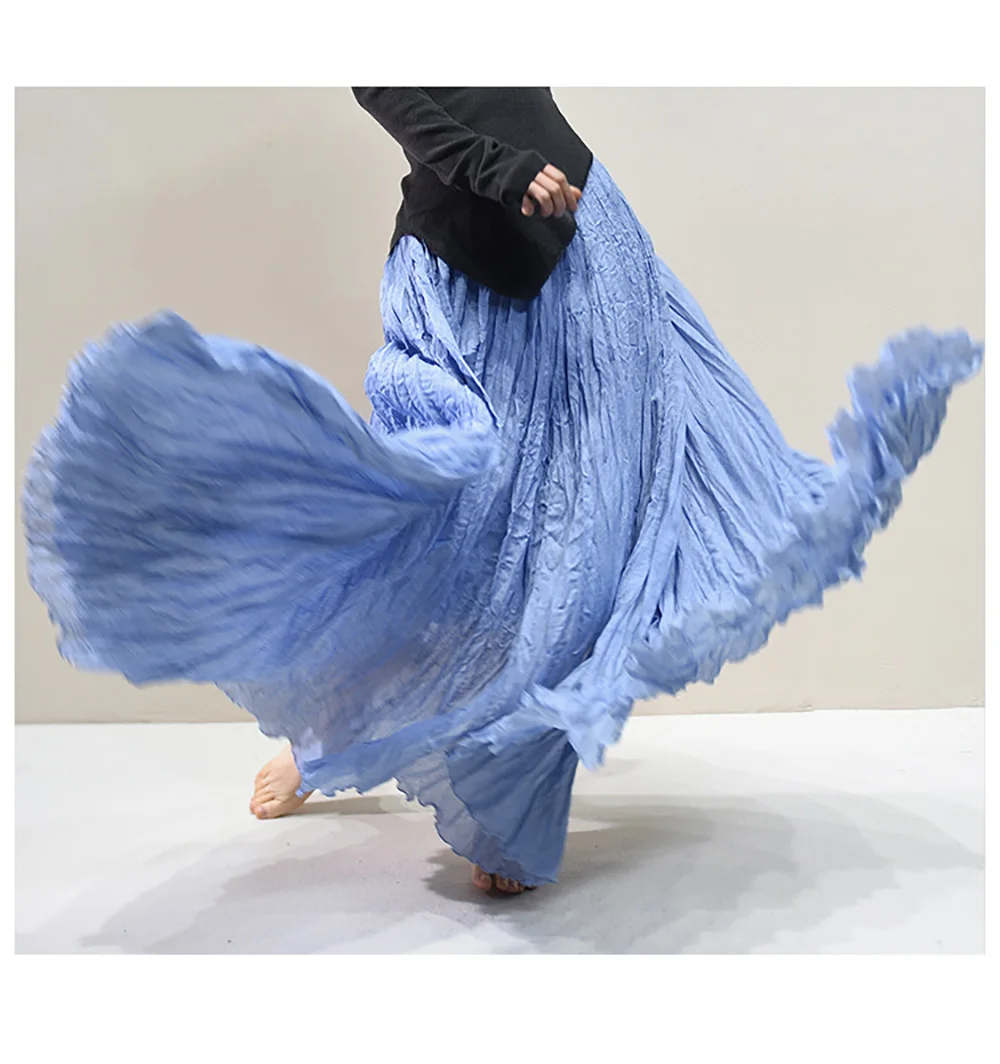 Womens High Waisted Flowy Maxi Skirt Crinkled Cotton Linen A-Line Pleated Beach Long Skirt Bohemian Style for Spring Summer K444