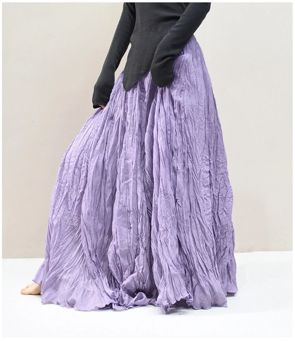 Womens High Waisted Flowy Maxi Skirt Crinkled Cotton Linen A-Line Pleated Beach Long Skirt Bohemian Style for Spring Summer K444