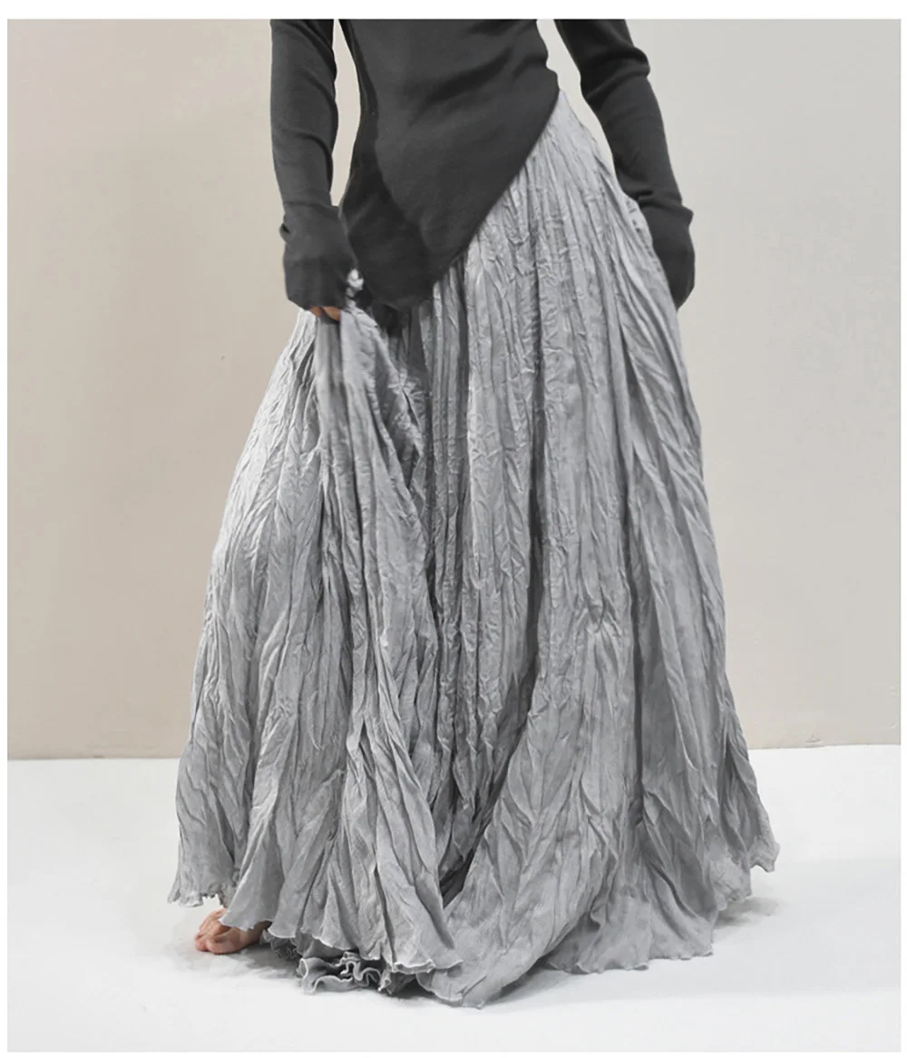 Womens High Waisted Flowy Maxi Skirt Crinkled Cotton Linen A-Line Pleated Beach Long Skirt Bohemian Style for Spring Summer K444