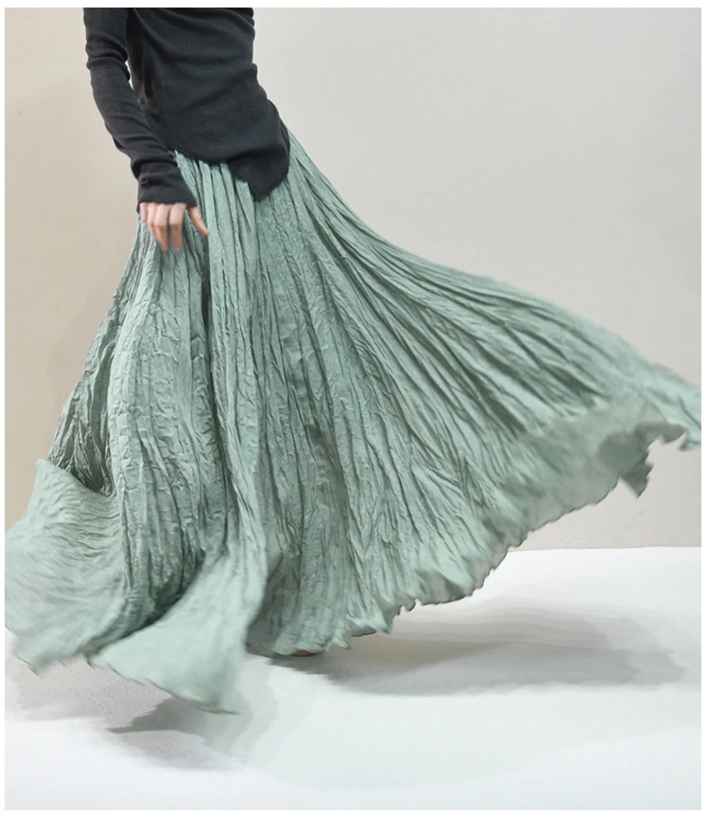 Womens High Waisted Flowy Maxi Skirt Crinkled Cotton Linen A-Line Pleated Beach Long Skirt Bohemian Style for Spring Summer K444