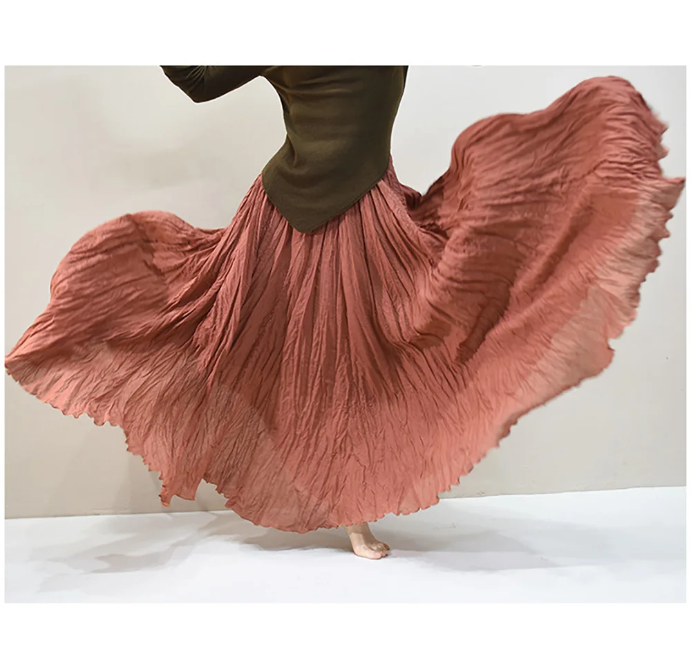 Womens High Waisted Flowy Maxi Skirt Crinkled Cotton Linen A-Line Pleated Beach Long Skirt Bohemian Style for Spring Summer K444